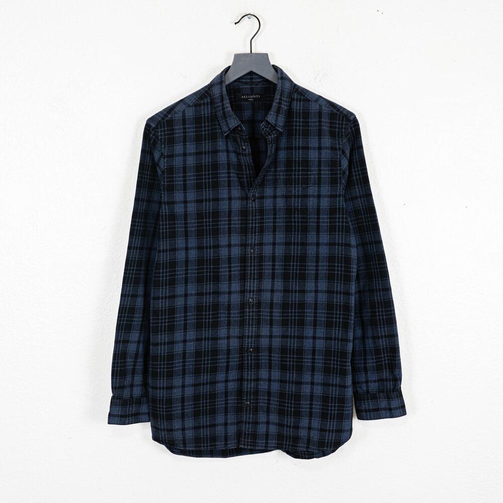 All Saints Men's Randstadt LS Flannel Shirt Blue Black Plaid sz Small